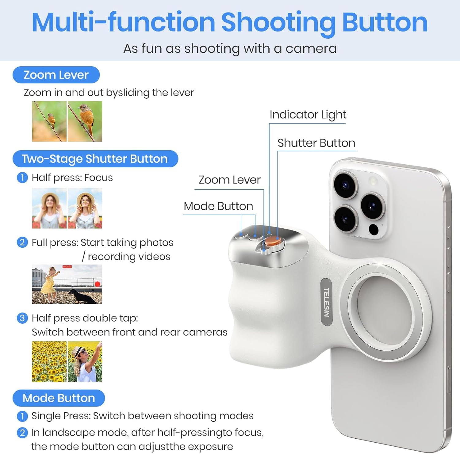 Magnetic Phone Camera Grip, Smartphone Shooting Holder Selfie Handle Snap with Wireless Shutter Button Remote for Iphone 16 15 14 13 12 Pro Max Android Cellphone Vlog Video Photography